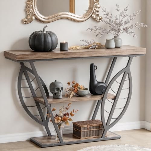 HavenlyYouth Leaf Design Console Table for Entryway, 3-Tier Storage, 30mm Thick Industrial Metal Frame, Easy-to-Assemble Narrow Accent Table, Space-Saving for Hallway, Entrance, Foyer.Grey