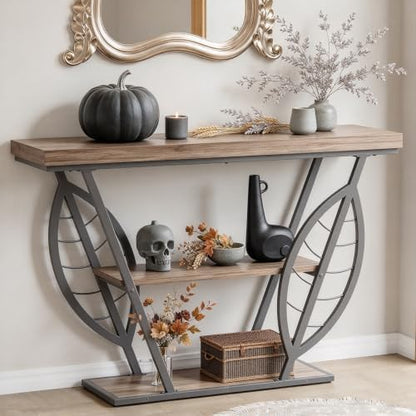 HavenlyYouth Leaf Design Console Table for Entryway, 3-Tier Storage, 30mm Thick Industrial Metal Frame, Easy-to-Assemble Narrow Accent Table, Space-Saving for Hallway, Entrance, Foyer.Grey