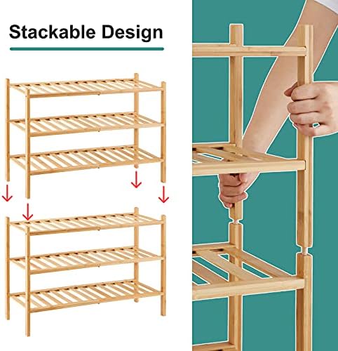 viewcare 6-Tier Bamboo Shoe Rack for Entryway, Stackable | Foldable | Natural, Shoe Organizer for Hallway Closet, Free Standing Shoe Racks for Indoor Outdoor