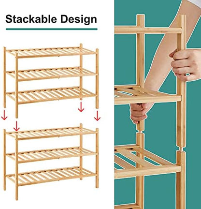 viewcare 6-Tier Bamboo Shoe Rack for Entryway, Stackable | Foldable | Natural, Shoe Organizer for Hallway Closet, Free Standing Shoe Racks for Indoor Outdoor