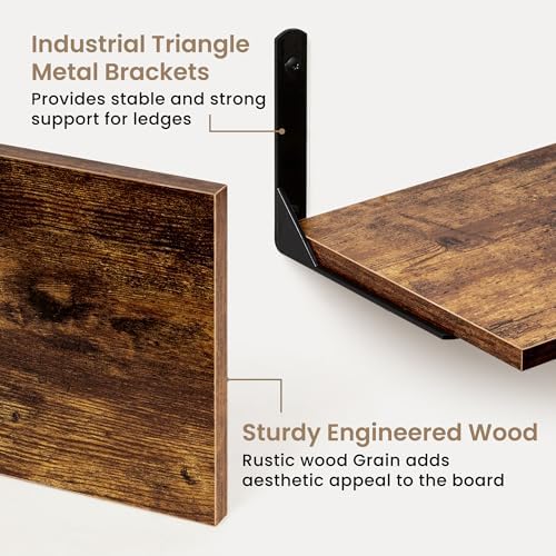 Deep Floating Shelves, 24W x 8D Floating Shelves Set of 2, Wall Mounted Shelf with Metal Brackets, Rustic Wood Wall Shelf for Bathroom, Kitchen and Living Room, Rustic Brown