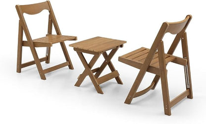 Outdoor Bistro Set Foldable Small Table and Chair Set,with 2 Chairs and Rectangular Table (Teak + HDPE)
