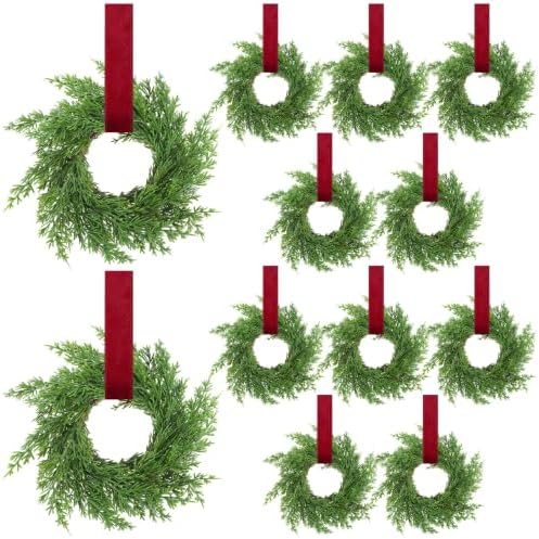 Knitgrip 12 Pcs 7.87" Mini Christmas Cabinets Wreaths with Burgundy Ribbon