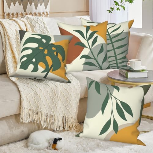 4 Pcs/Set Tropical Leaves Throw Pillow Covers Boho Summer Green Leaf Monstera Palm Leaf Abstract Botanical Farmhouse Linen Pillow Cases for Sofa Couch Home Outdoor Decor, 20"x20"