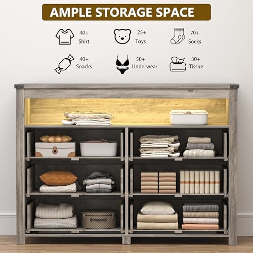 Dresser for Bedroom with 6 Drawers, LED Lights, Power Outlet, Grey