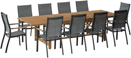 Amazonia Franklin 11-Piece Teak Finish Wood and Aluminum Rectangular Extendable Patio Dining Set | 100% Teak from Indonesia Armrests | Ideal for Outdoors and Indoors