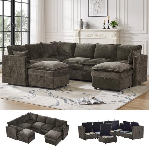 Modular Sectional Storage Sofa, 105" Cloud Deep Seat V-Shaped Couch, Brown