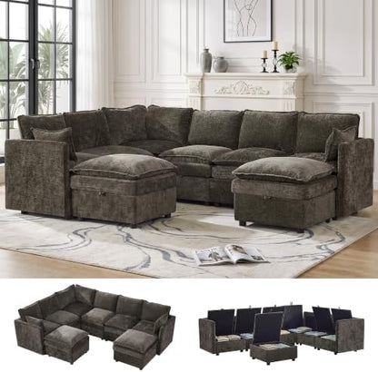 Modular Sectional Storage Sofa, 105" Cloud Deep Seat V-Shaped Couch, Brown