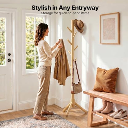 AMADA Solid Wooden Coat Rack Freestanding with 8 Hooks, Natural