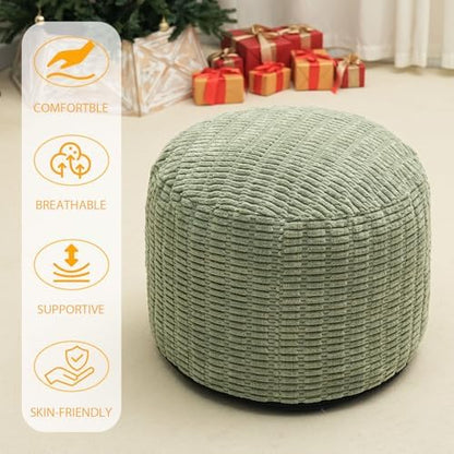 Round Stuffed Pouf Ottoman for Foot Rest 26" X 18" Faux Fur Poufs, Green