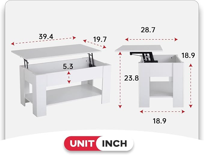 FDW 39.4" Lift Top Coffee Table with Hidden Compartment and Storage Shelf Wooden Lift Tabletop for Home Living Room Reception Room Office,White