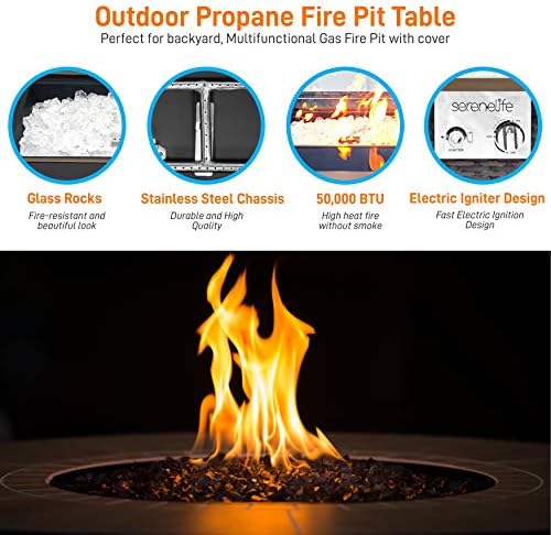 SereneLife Outdoor Gas Fire Pit Table, 50,000 BTU Propane Burner, Auto Ignition, Tempered Glass Wind Guard, Stainless Steel Control Panel, Clear Glass Rocks, Patio Backyard Firepit Table