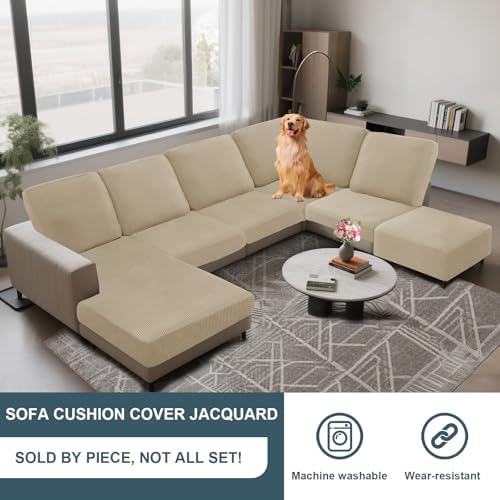 Seat Cushion Cover and Back Covers for Corner Sofa Stretch Jacquard, Non Slip L Shaped Sofa Slipcover with Storage Ottoman, Sectional Couch Cover for Chaise Lounge (Beige,Ottoman 15 x 15 x 16”)