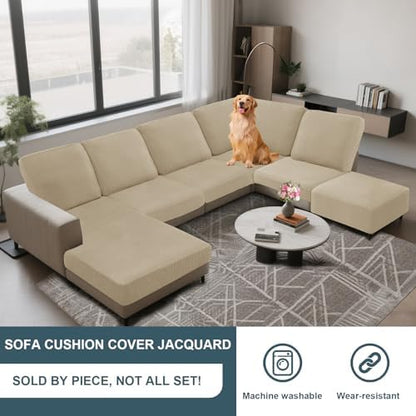 UNBBRRL Seat Cushion Cover and Back Covers for Corner Sofa Stretch Jacquard, Non Slip L Shaped Sofa Slipcover with Storage Ottoman, Sectional Couch Cover for Chaise Lounge (Beige,Armrest Cover x 2)