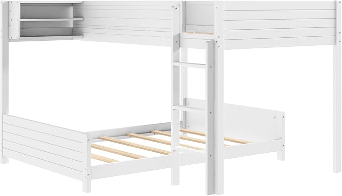 Full XL Over Full XL Bunk Bed with Built-in Storage Shelf & Ladder, Wood Bed Frame with Support Slats, Space-Saving Design, White
