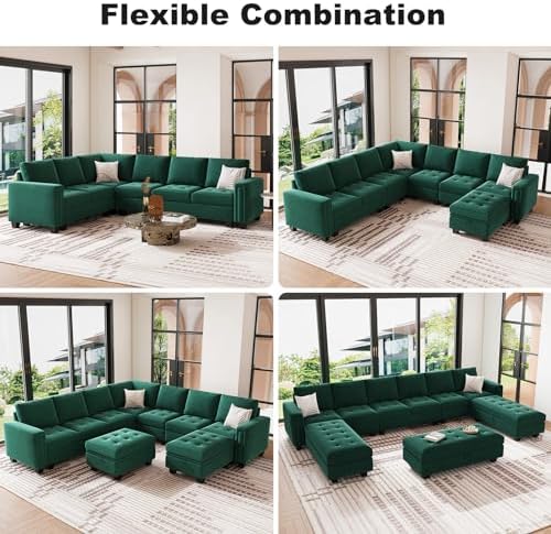 Belffin Modular Sectional Sofa U Shaped Sectional Couch with Storage Ottoman Velvet 9-Seater Convertible Sectional Sofa with Chaises Green