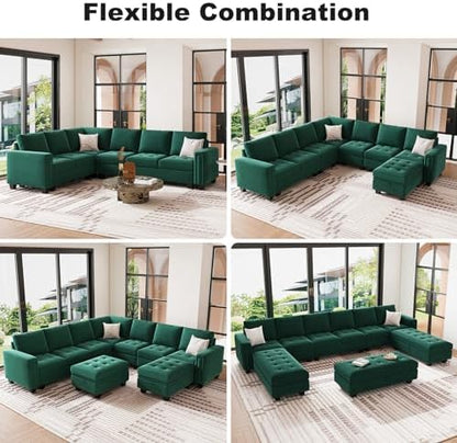 Belffin Modular Sectional Sofa U Shaped Sectional Couch with Storage Ottoman Velvet 9-Seater Convertible Sectional Sofa with Chaises Green