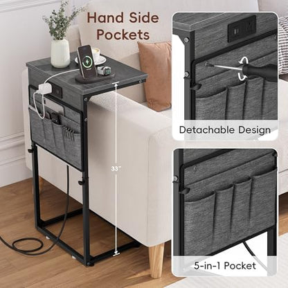 Vagusicc C-Shaped End Table Set of 2 with Charging Station, Small Side Table for Couch, Adjustable Height Couch Side Table, Slide Under Sofa Table TV Tray for Living Room,Bedroom,Bedside, Gray Walnut