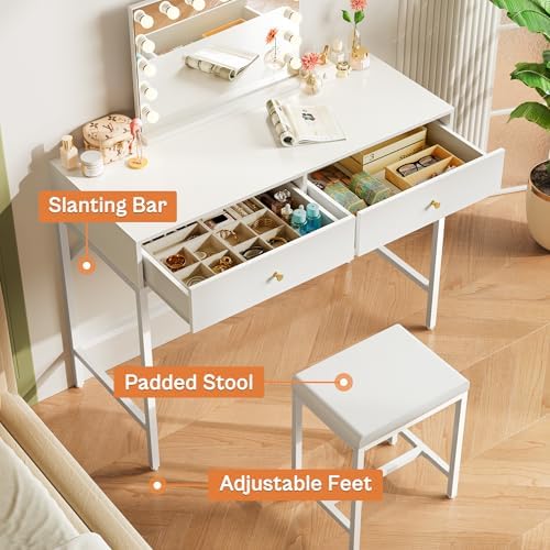 SUPERJARE 35.4" White Desk with 2 Drawers, Modern Makeup Vanity