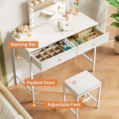SUPERJARE 35.4" White Desk with 2 Drawers, Modern Makeup Vanity