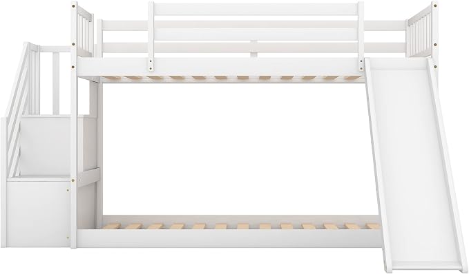 Twin Over Twin Low Bunk Bed with Slide and for Storage Staircase for Teens, Boys or Girls, No Box Sping Needed