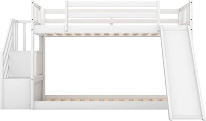 Twin Over Twin Low Bunk Bed with Slide and for Storage Staircase for Teens, Boys or Girls, No Box Sping Needed