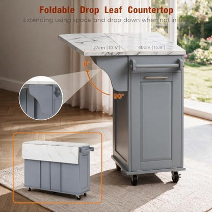 Kitchen Island with Storage on Wheels, Tilt Out Trash Can Cabinet