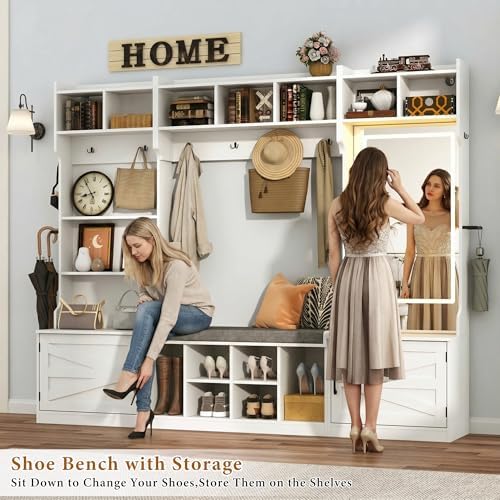 86.6''W Extra Large Farmhouse Hall Tree with Mirror Bench and Shoe Storage,Entryway Bench with Coat Rack,6 Shoe Cubbies & Umbrella Holder and Storage Cushioned Stool,Mudroom/Hallway Storages Cabinet