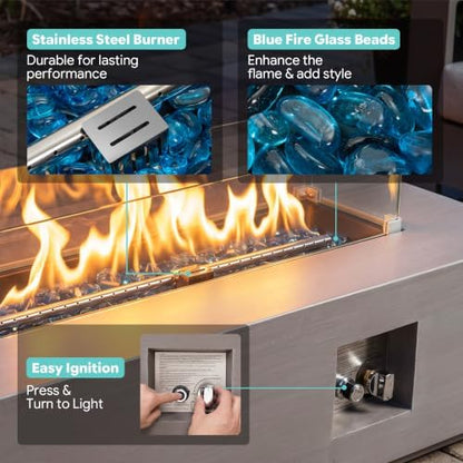 Werph 42’’ Propane Fire Pit Table Set with Tank Holder, CSA Certifed 50,000 BTU Outdoor Firepit Table, Wind Guard & Glass Stones, Smoke-Free Rectangular Fire Table for Garden Porch Backyard