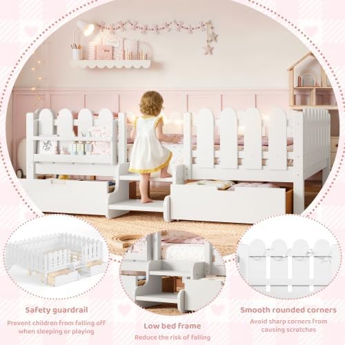 Bellemave Queen Size Platform Bed with Storage Drawers & Bookshelf for Boys Girls, Kids Queen Bed Frame with LED Lights & Stairs for Children's Room, White