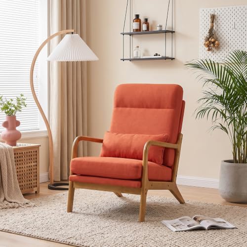 Bonnlo High Back Linen Burnt Orange Mid Century Modern Accent Chair, Soild Wood Padding Lounge Armchairs Side Sitting Chairs for Living Room, Bedroom, Guest Room
