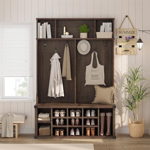 51.2" Hall Tree with Bench and Shoe Storage, Rustic Brown