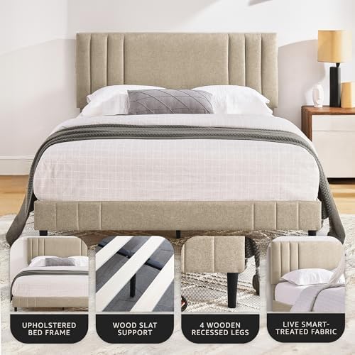 DeCoro Chicago Channel Tufted Upholstered Platform Bed Frame, Linen, Queen