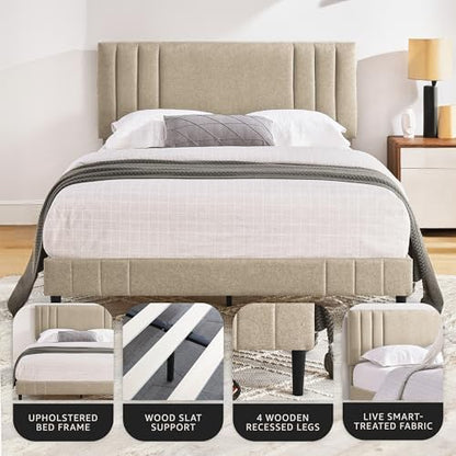 DeCoro Chicago Channel Tufted Upholstered Platform Bed Frame, Linen, Queen