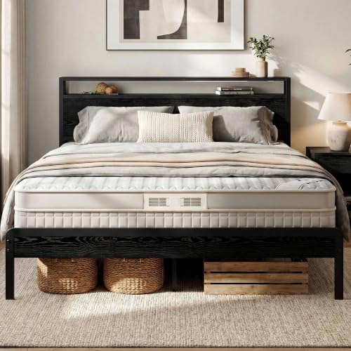 LIKIMIO Queen Bed Frame with 2-Tier Storage Shelf Headboard