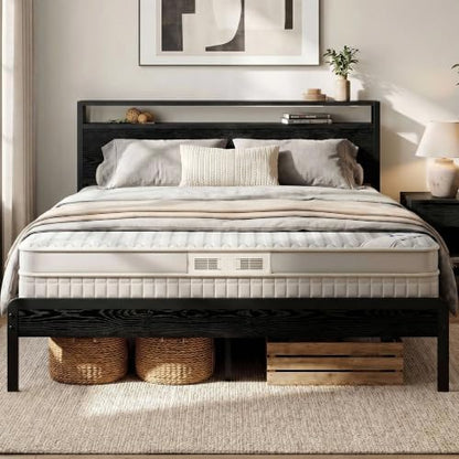 LIKIMIO Queen Bed Frame with 2-Tier Storage Shelf Headboard