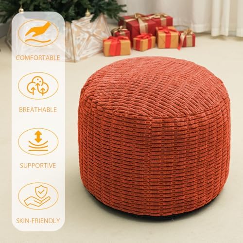 Round Stuffed Pouf Ottoman for Foot Rest 20" X 15" Faux Fur Poufs, Orange