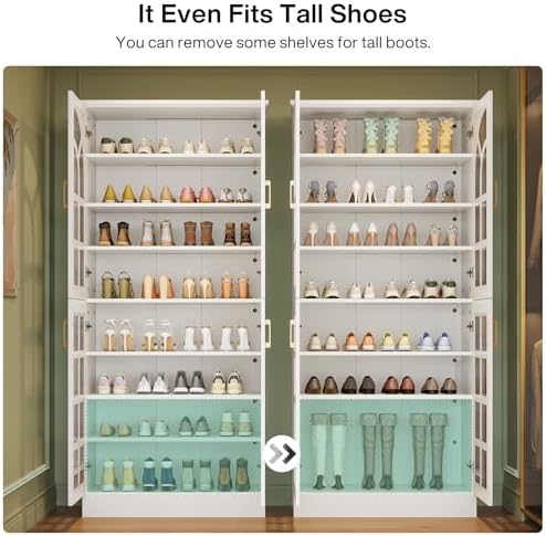 Tribesigns Tall Shoe Cabinet with Doors & Led Light, Set of 2, 8-Tier