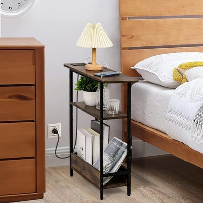 Narrow End Table with USB-C Charging Station, 3-Tier Slim Side Table