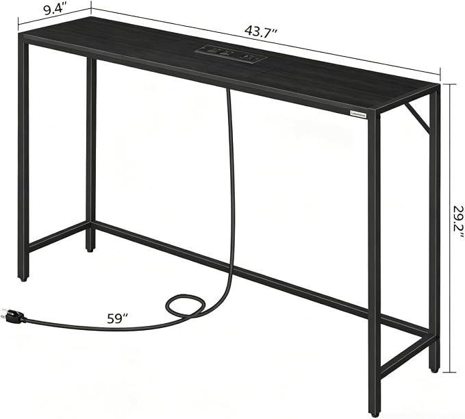 MAHANCRIS 43.7”Console Table with Outlet, Narrow Sofa Table with Charging Station, Entryway Table with Display Shelf, Behind Couch Table, Long Sofa Side Table, Living Room, Hallway, Black CTHB112E01