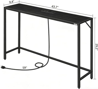 MAHANCRIS 43.7”Console Table with Outlet, Narrow Sofa Table with Charging Station, Entryway Table with Display Shelf, Behind Couch Table, Long Sofa Side Table, Living Room, Hallway, Black CTHB112E01