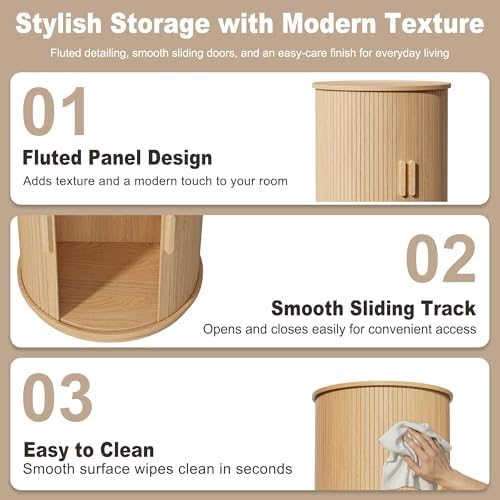 Side Table with Storage for Living Room, Round End Table with Sliding Tambour Door, Wood Night Stand Nightstand Bedside Table for Bedroom, Small Round Side Table, Mid Century Modern, Light Oak