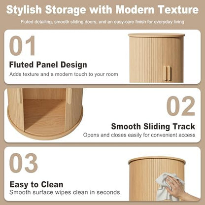 Side Table with Storage for Living Room, Round End Table with Sliding Tambour Door, Wood Night Stand Nightstand Bedside Table for Bedroom, Small Round Side Table, Mid Century Modern, Light Oak