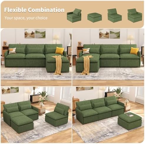 L Shaped Sectional Couch, 94.5" Sectional Cloud Couch for Living Room,Fluffy Modular Sofa with Textured Corduroy,3 Seaters with Ottoman,Pet-Friendly Comfy Modern Deep Seat Sofa Set,Green