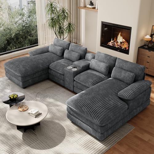 132" U Shaped Corduroy Cloud Couch with Console, USB&Cup Holder, Dark Grey