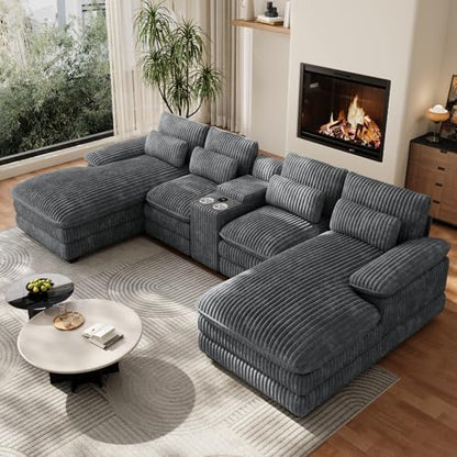 132" U Shaped Corduroy Cloud Couch with Console, USB&Cup Holder, Dark Grey