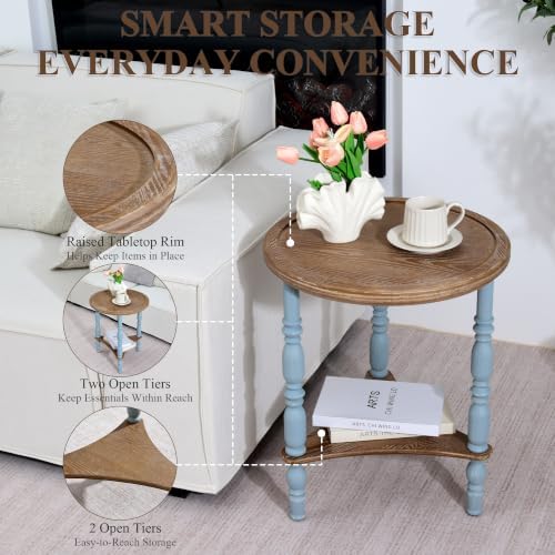 Round Side Table, Farmhouse Blue 2-Tier End Table, 19.7"D x 24"H