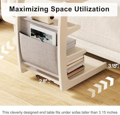 AQIMUELE Wooden C-Shaped End Table,Couch Desk with 2 Lockable Wheels,4-Tier Couch Table with Storage Bag,Small Rolling Side Table Tv Trays for Couch, Living Room,Bedroom (White)