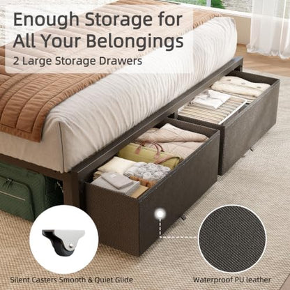 Queen Bed Frame with Storage Headboard and 4 Drawers, LED Lights
