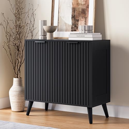 Black Sideboard Buffet Cabinet with Storage, 2 Doors Modern Fluted Buffet Cabinet for Living Room, Accent Credenza with Adjustable Shelves Entryway Storage Cabinets for Kitchen